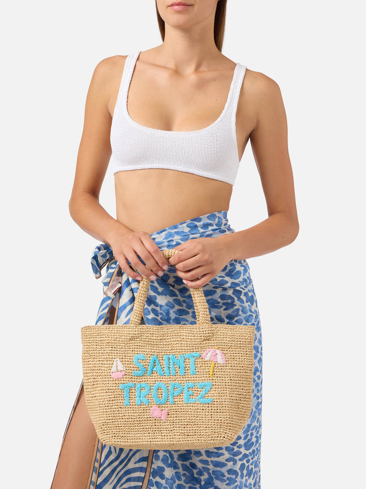 Bolso mediano de rafia de playa con bordado Saint Tropez 
