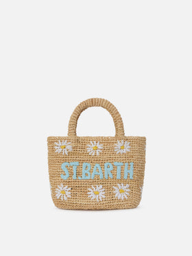 Strand-Mini-Tasche aus Raffiabast mit aufgestickten Gänseblümchen 