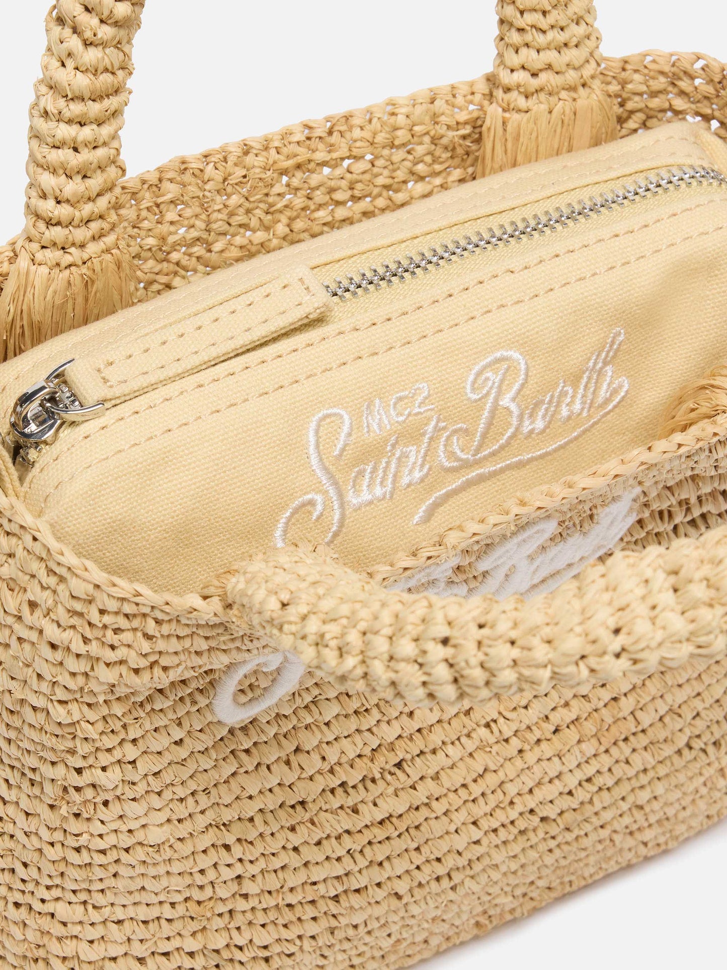 Beige Mini-Strandtasche aus Raffiabast mit Baumwollbeutel