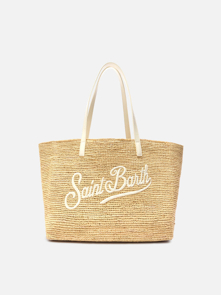 Borsa City in raffia con logo avorio ricamato a contrasto
