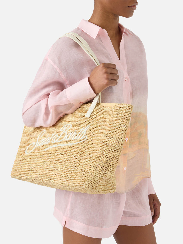 Borsa City in raffia con logo avorio ricamato a contrasto