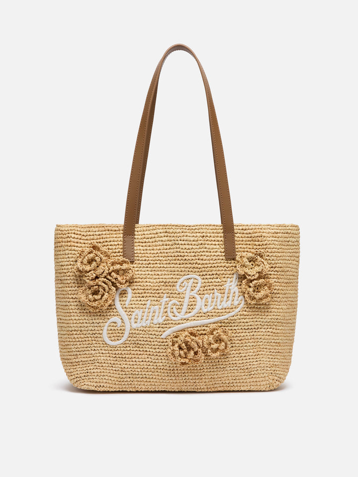 Beigefarbene Tasche City Mid aus Raffiabast mit Blumen-Applikationen