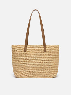 Beigefarbene Tasche City Mid aus Raffiabast mit Blumen-Applikationen