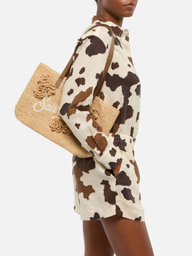 Beigefarbene Tasche City Mid aus Raffiabast mit Blumen-Applikationen