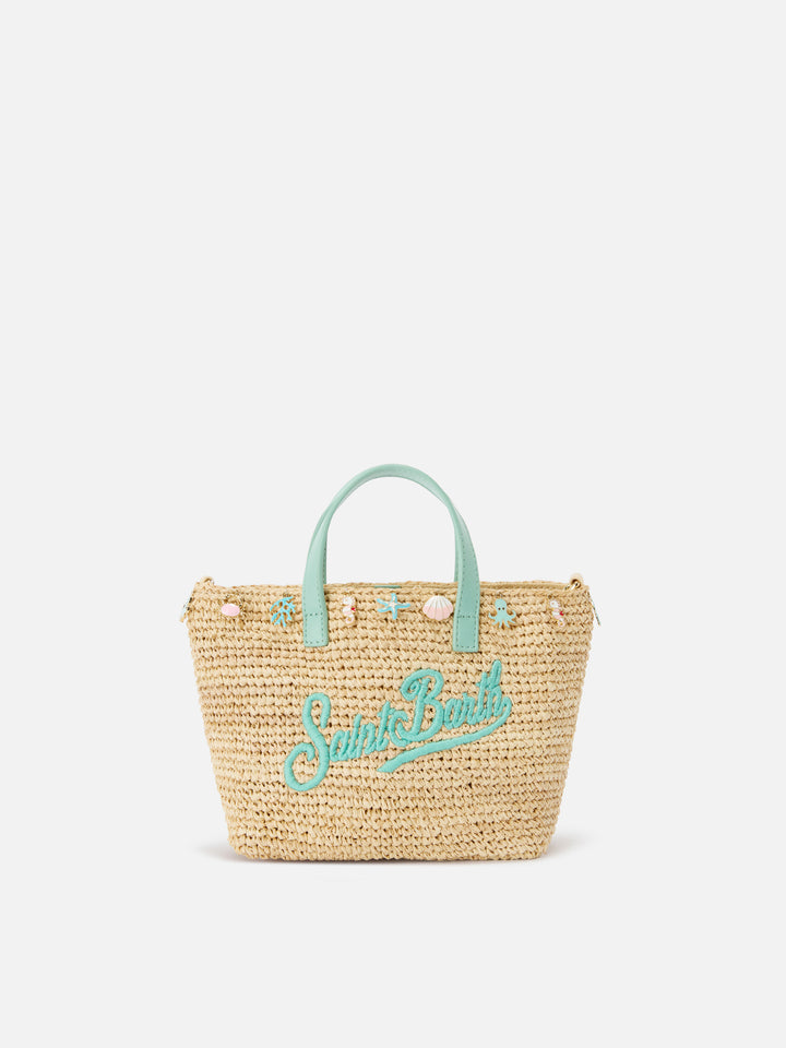 Borsa City mini in raffia con charms applicati e logo ricamato