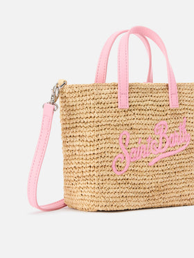 Mini City raffia bag with contrasting pink embroidered logo
