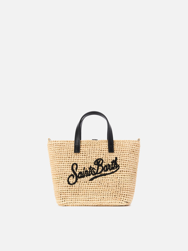 Mini City raffia bag with contrasting black embroidered logo