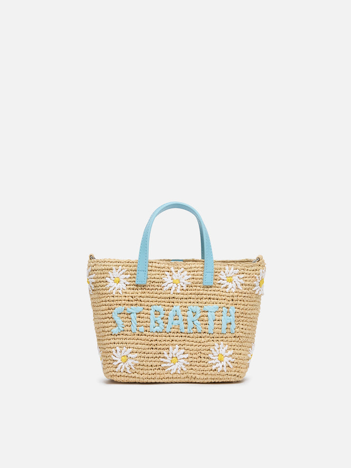 Beige Raffia City Mini-Tasche mit Gänseblümchen-Stickerei