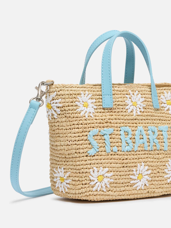 Beige Raffia City Mini-Tasche mit Gänseblümchen-Stickerei