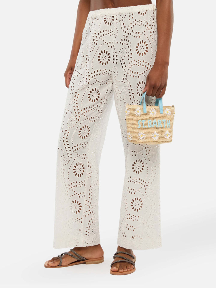 Beige Raffia City Mini-Tasche mit Gänseblümchen-Stickerei