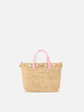 City mini raffia bag with applied charms and embroidered logo