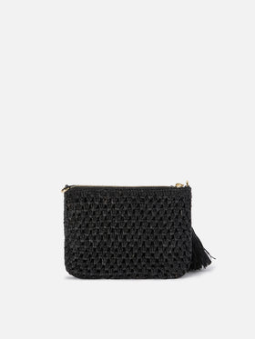 Black Raffia pouch with embroidered logo