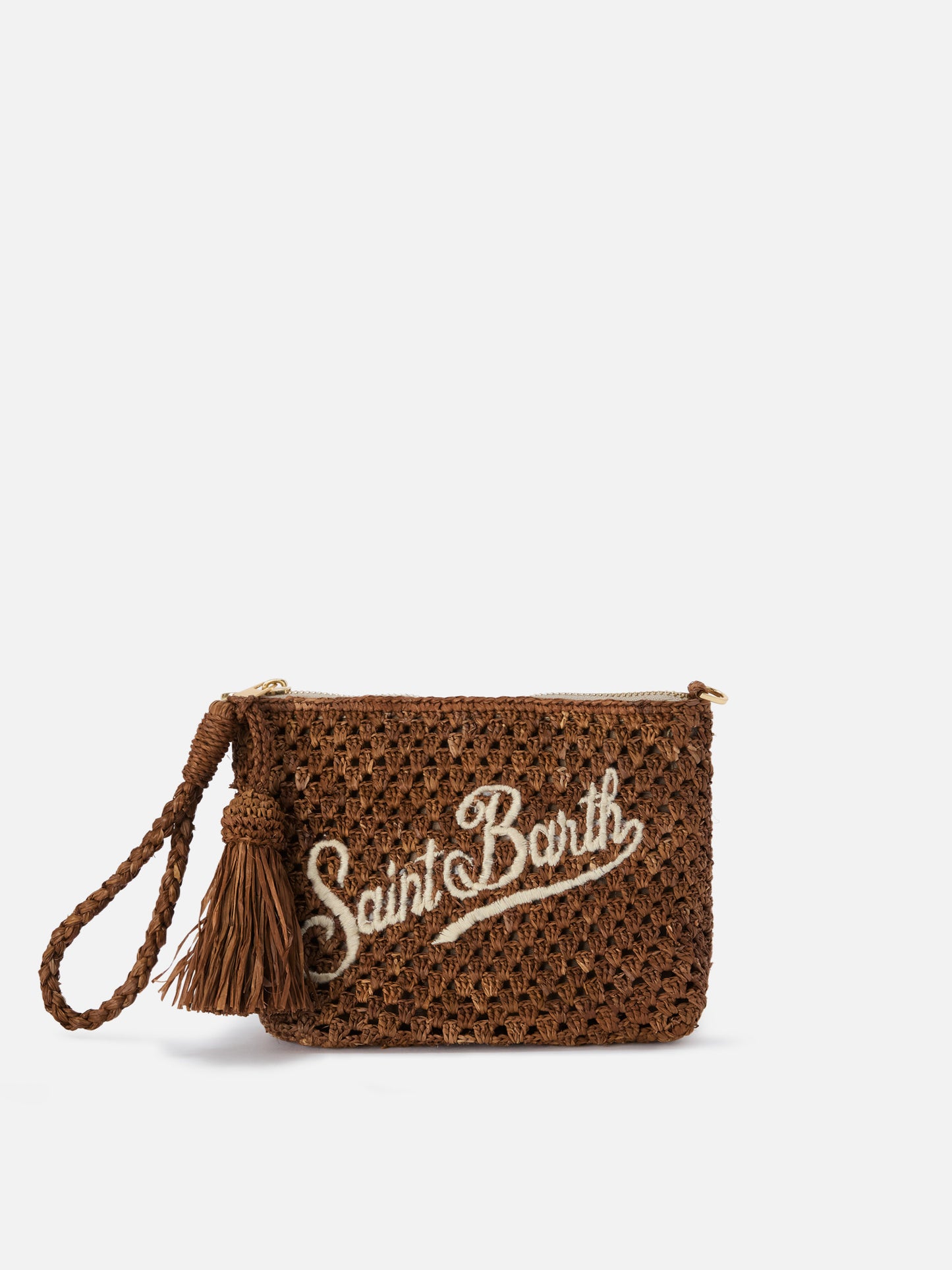 Pochette en raphia marron avec logo brodé 