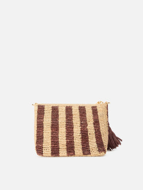 Gestreifte Raffia-Pouch mit gesticktem Logo 