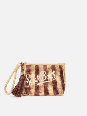 Gestreifte Raffia-Pouch mit gesticktem Logo 