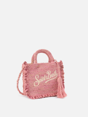 Pink Volant Mini raffia bag with embroidered logo