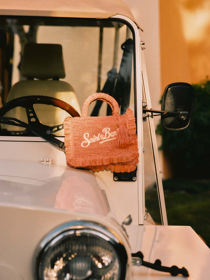 Borsa Volant Mini in raffia rosa con logo ricamato