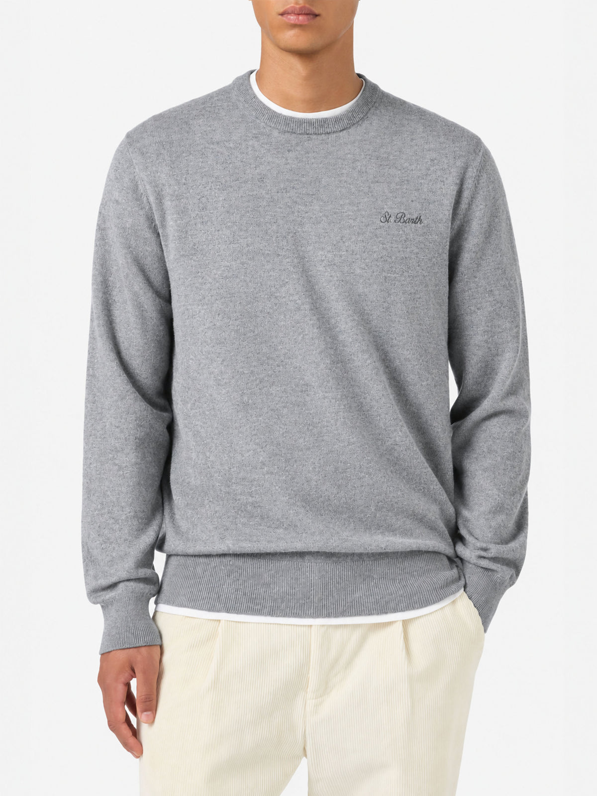 Grey melange Regent crewneck sweater with tartan trim