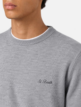 Grey melange Regent crewneck sweater with tartan trim