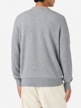 Grey melange Regent crewneck sweater with tartan trim