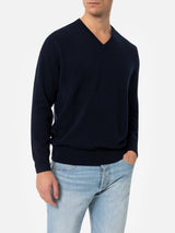 Maglione da uomo blu navy con scollo a V in misto cashmere Regent