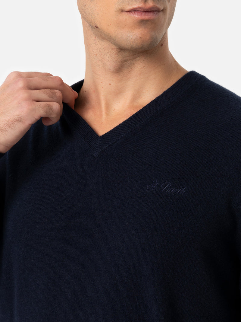 Maglione da uomo blu navy con scollo a V in misto cashmere Regent