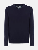 Maglione da uomo blu navy con scollo a V in misto cashmere Regent