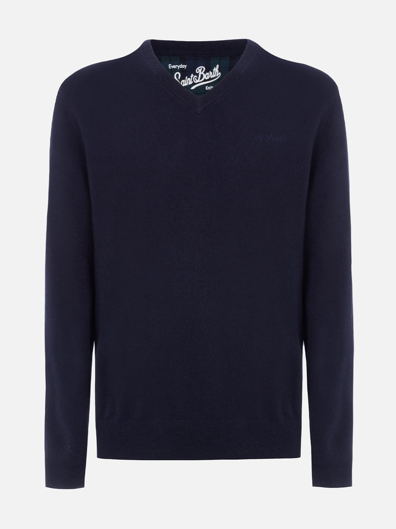 Maglione da uomo blu navy con scollo a V in misto cashmere Regent