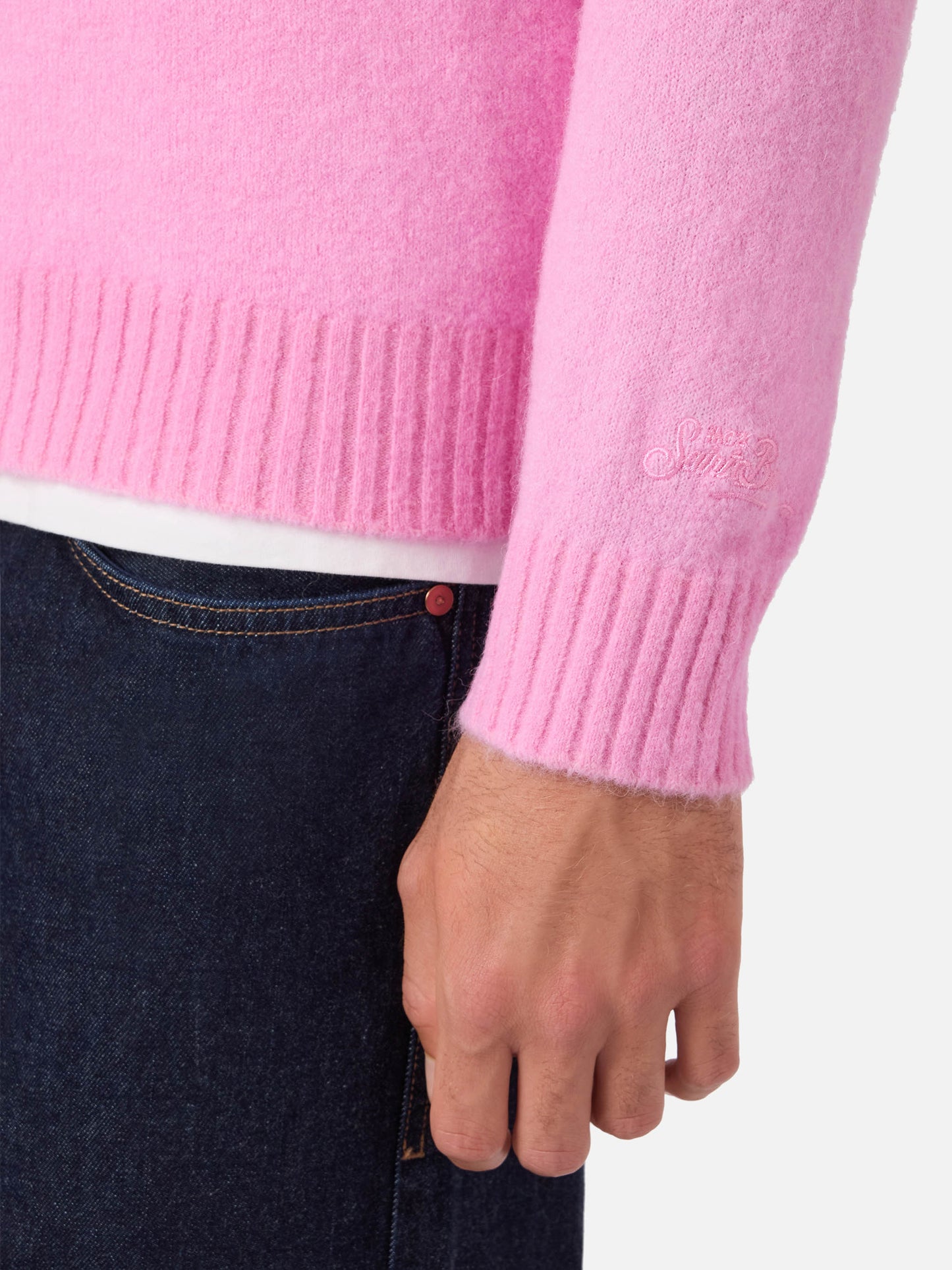 Regent pink stretch alpaca sweater with logo embroidery