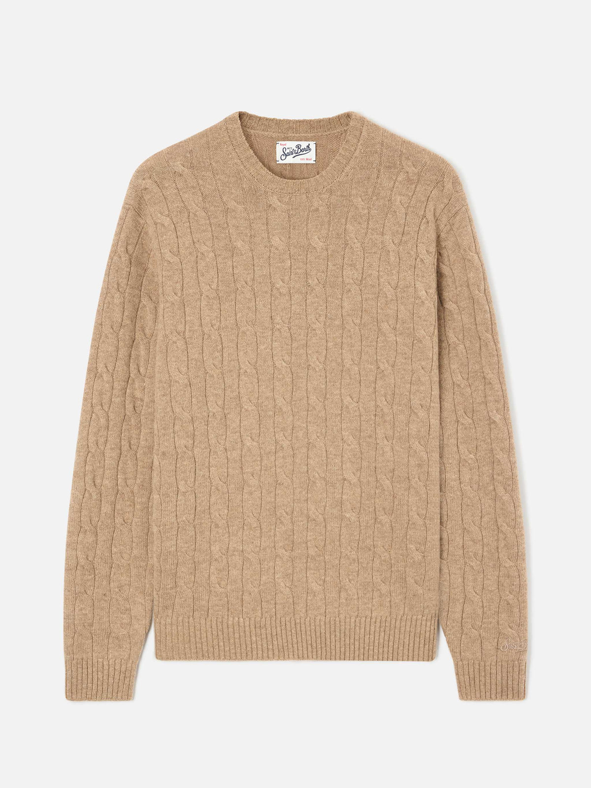 Khaki Regent wool crewneck with cable knit