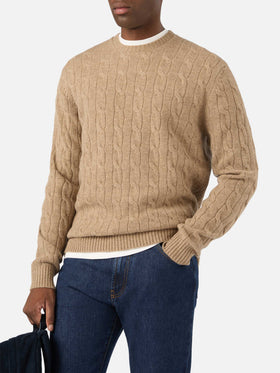 Khaki Regent wool crewneck with cable knit