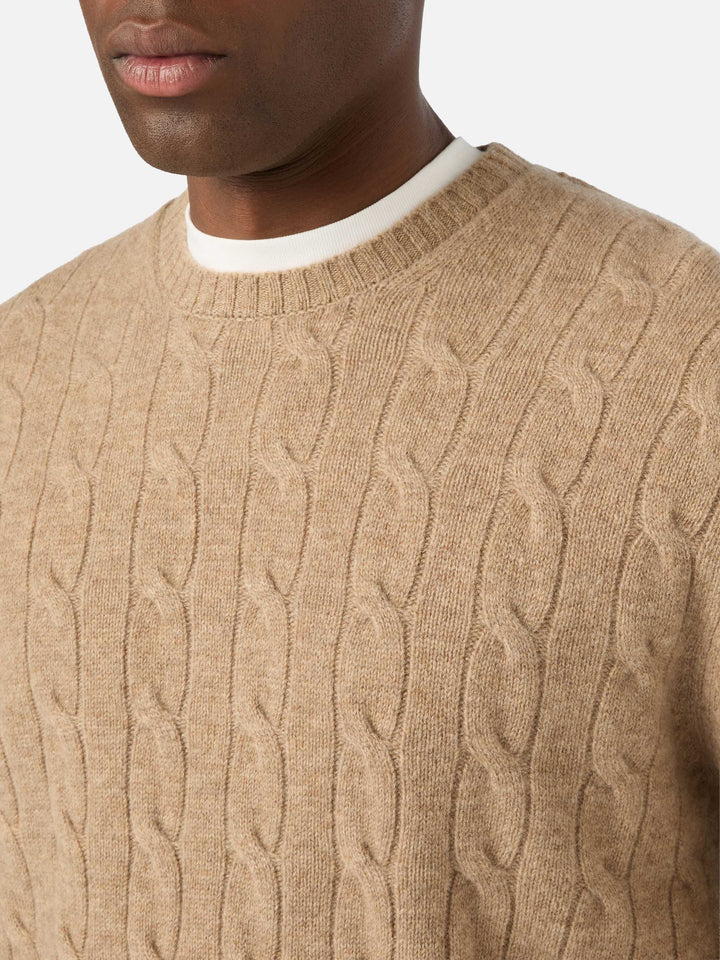 Khaki Regent Wollpullover mit Rundhalsausschnitt und Zopfmuster 