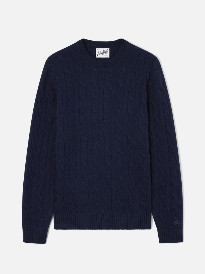 Marineblauer blue Regent Woll-Rundhalspullover mit Zopfmuster 