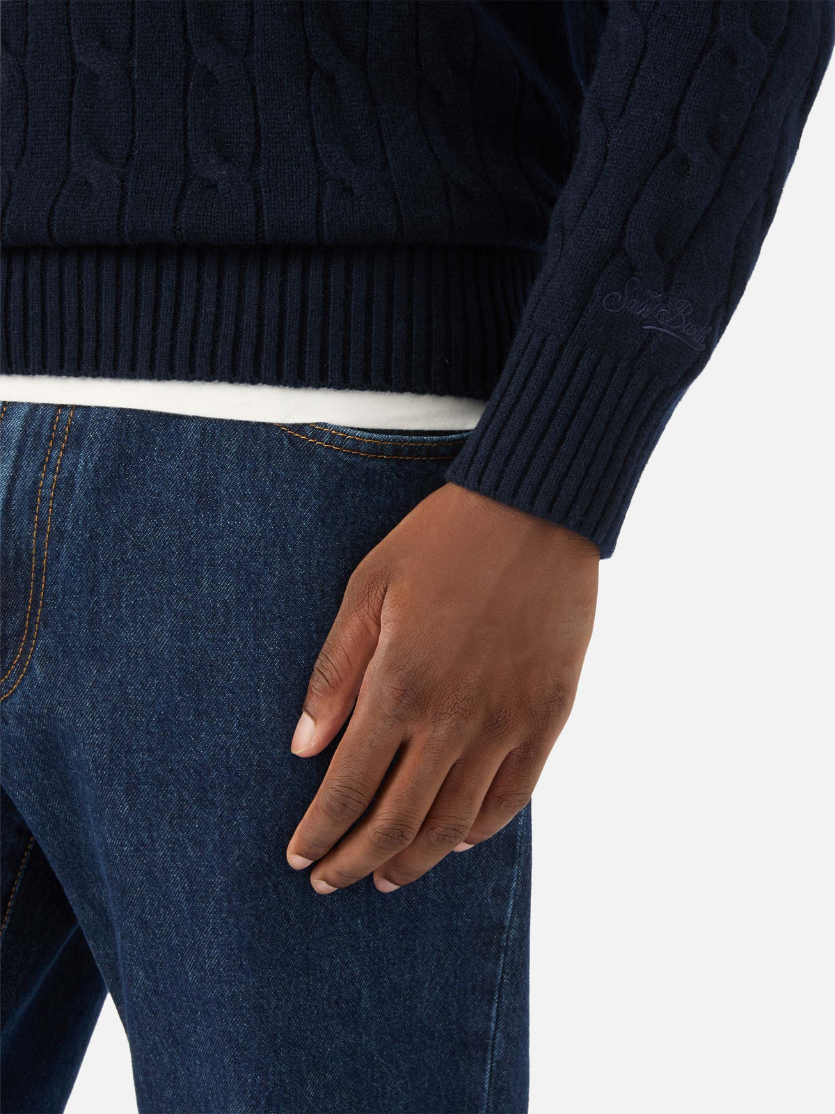 Navy blue Regent wool crewneck with cable knit