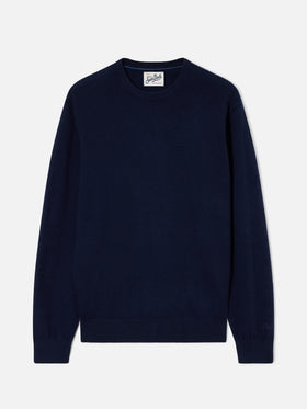 Pull col rond Regent bleu marine blue en mélange de laine mérinos et cachemire 