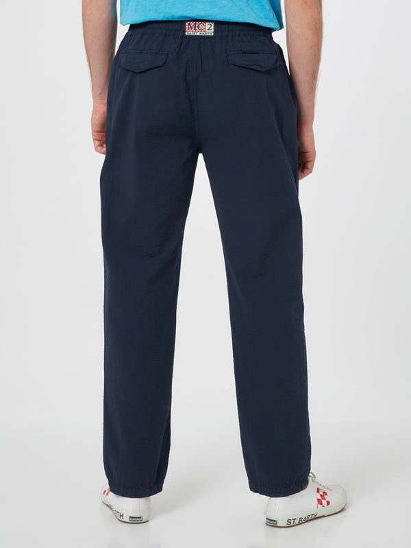 Pantalone da uomo blu navy in cotone seersucker Relais