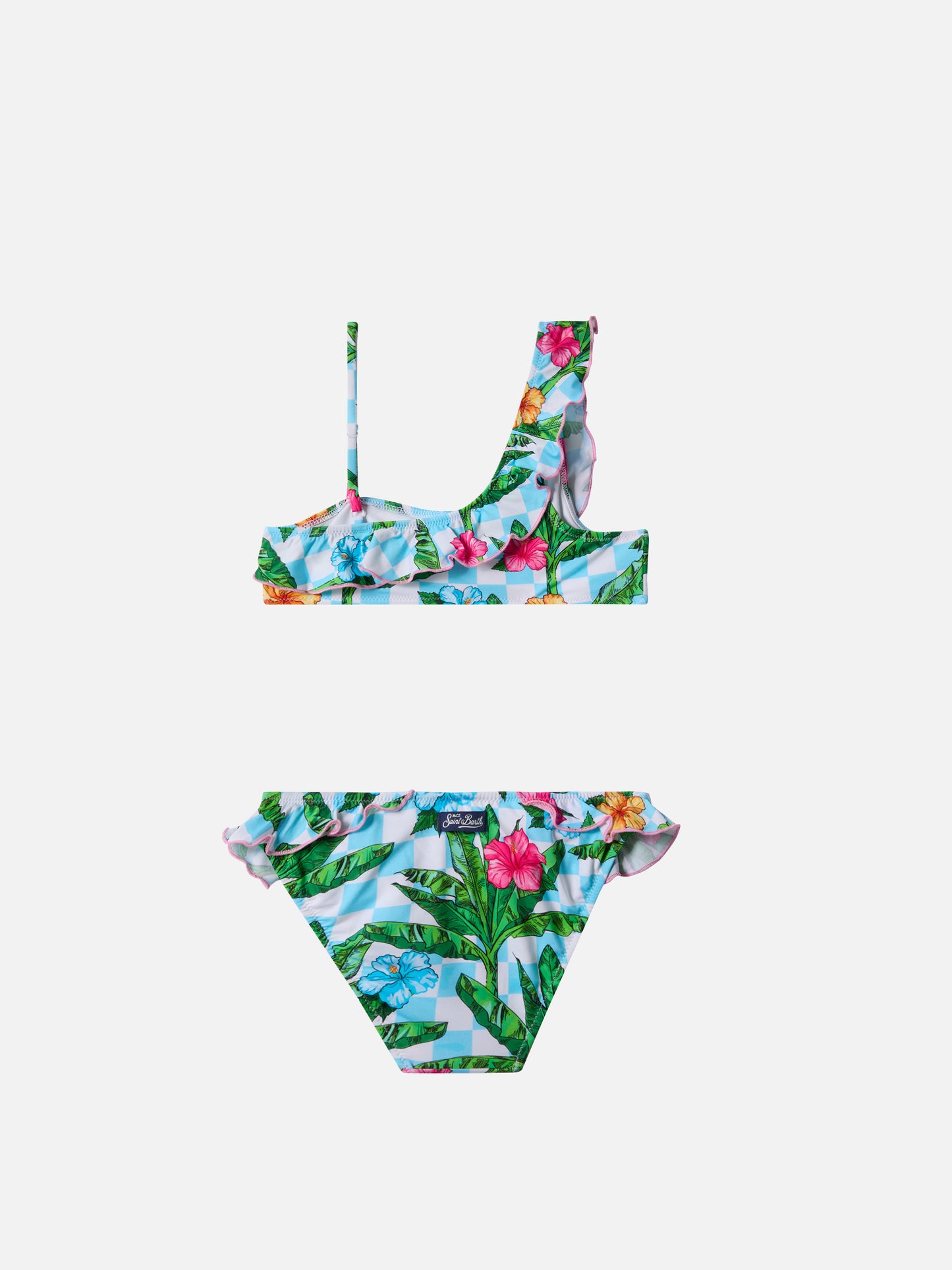 Rey One-Shoulder-Bikini mit Rüschen und Palmenmuster