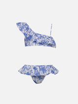 Bikini monospalla con volant Rey da bambina con stampa toile de jouy