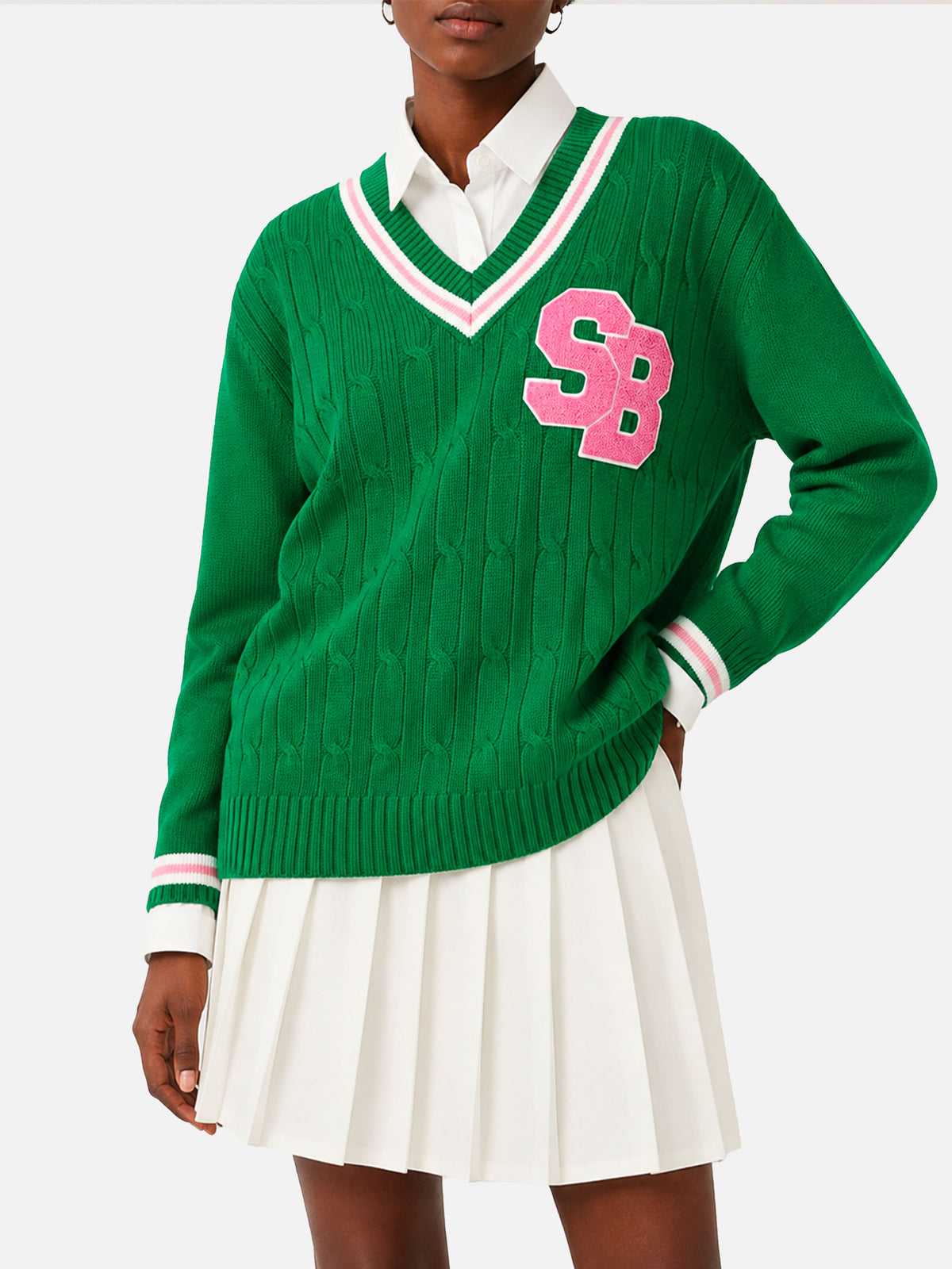 Maglione Roger con scollo a V intrecciato verde tinta unita