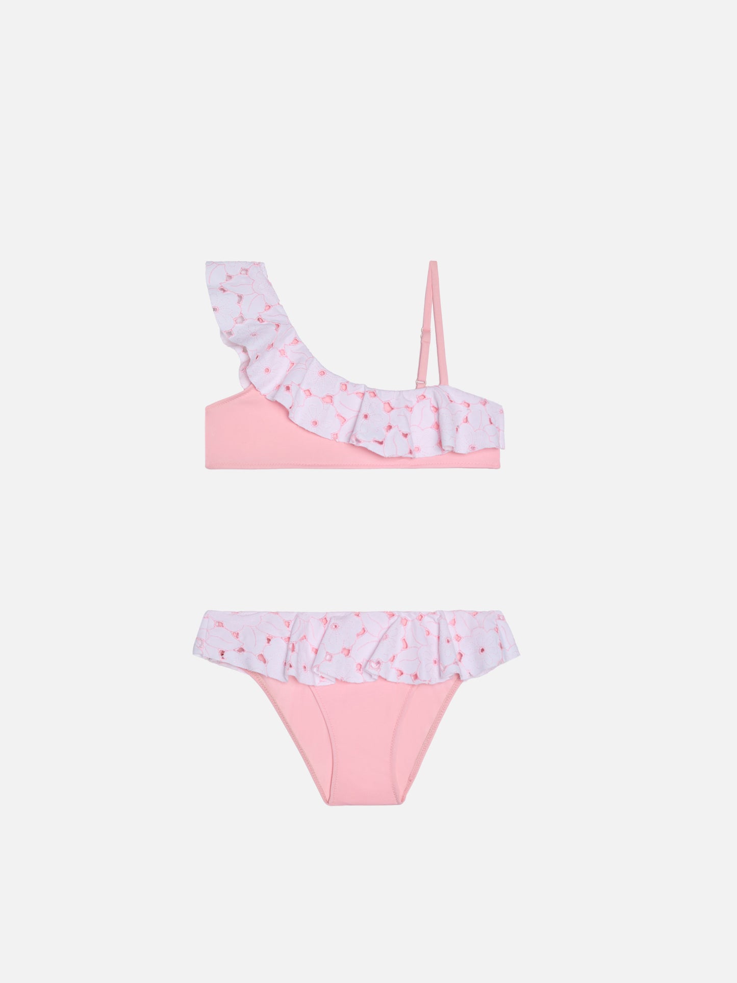 One-shoulder ruffled bikini Rosalie in pink Sangallo lace - MC2 Saint Barth