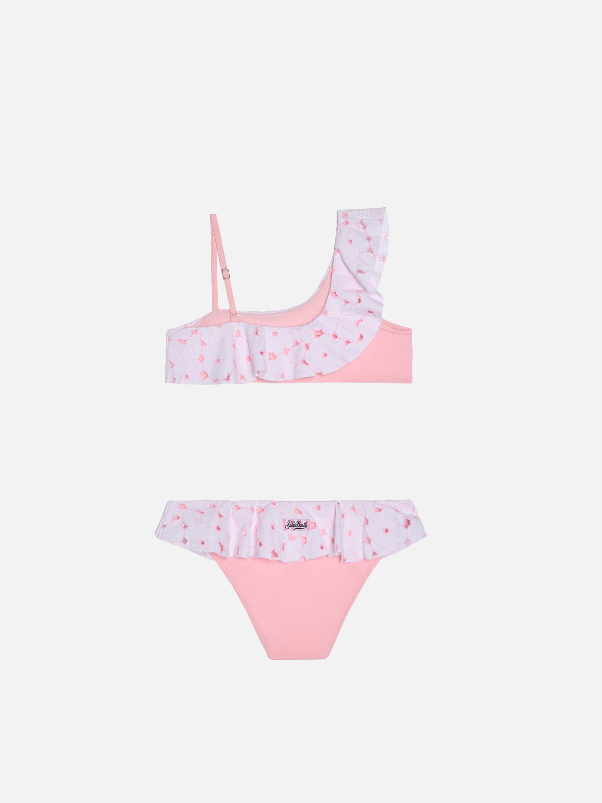 One-shoulder ruffled bikini Rosalie in pink Sangallo lace - MC2 Saint Barth