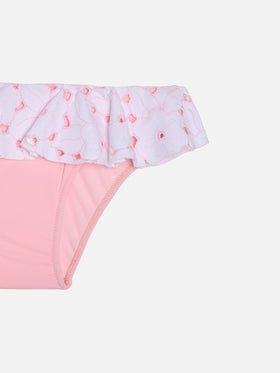 One-shoulder ruffled bikini Rosalie in pink Sangallo lace - MC2 Saint Barth