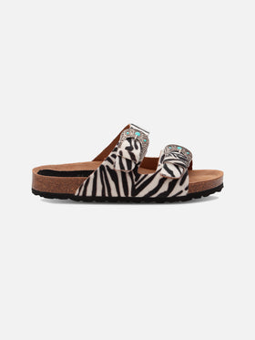 Buckle sandal in zebra-print pony hair | TAJI SPECIAL EDITION
