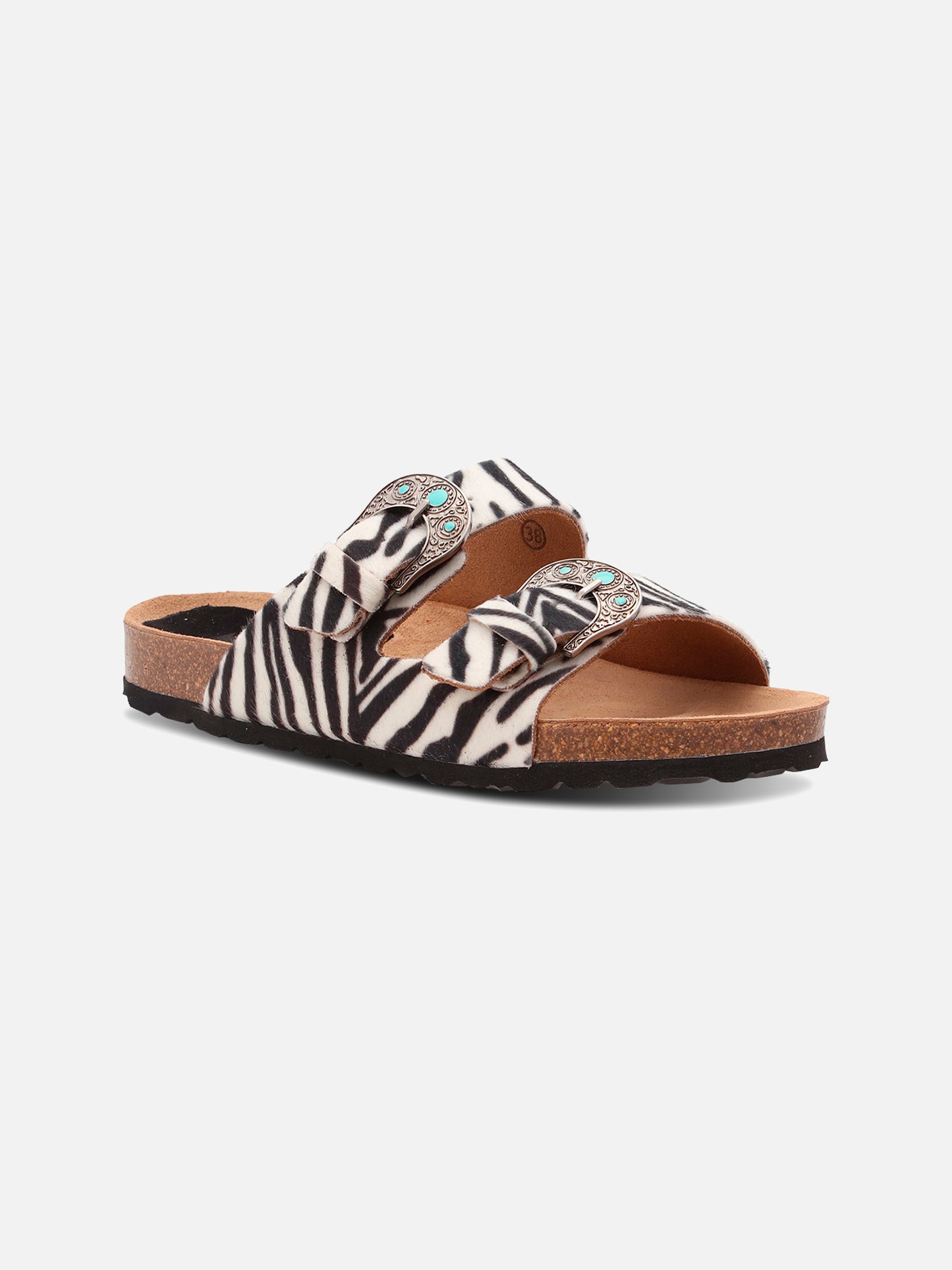 Buckle sandal in zebra-print pony hair | TAJI SPECIAL EDITION