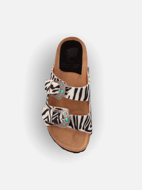 Buckle sandal in zebra-print pony hair | TAJI SPECIAL EDITION