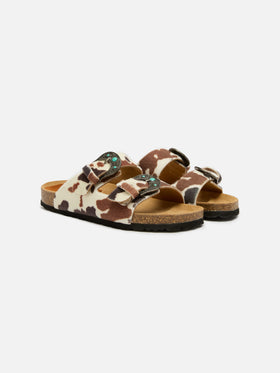 Buckle sandals in cow-print pony hair | TAJI SPECIAL EDITION