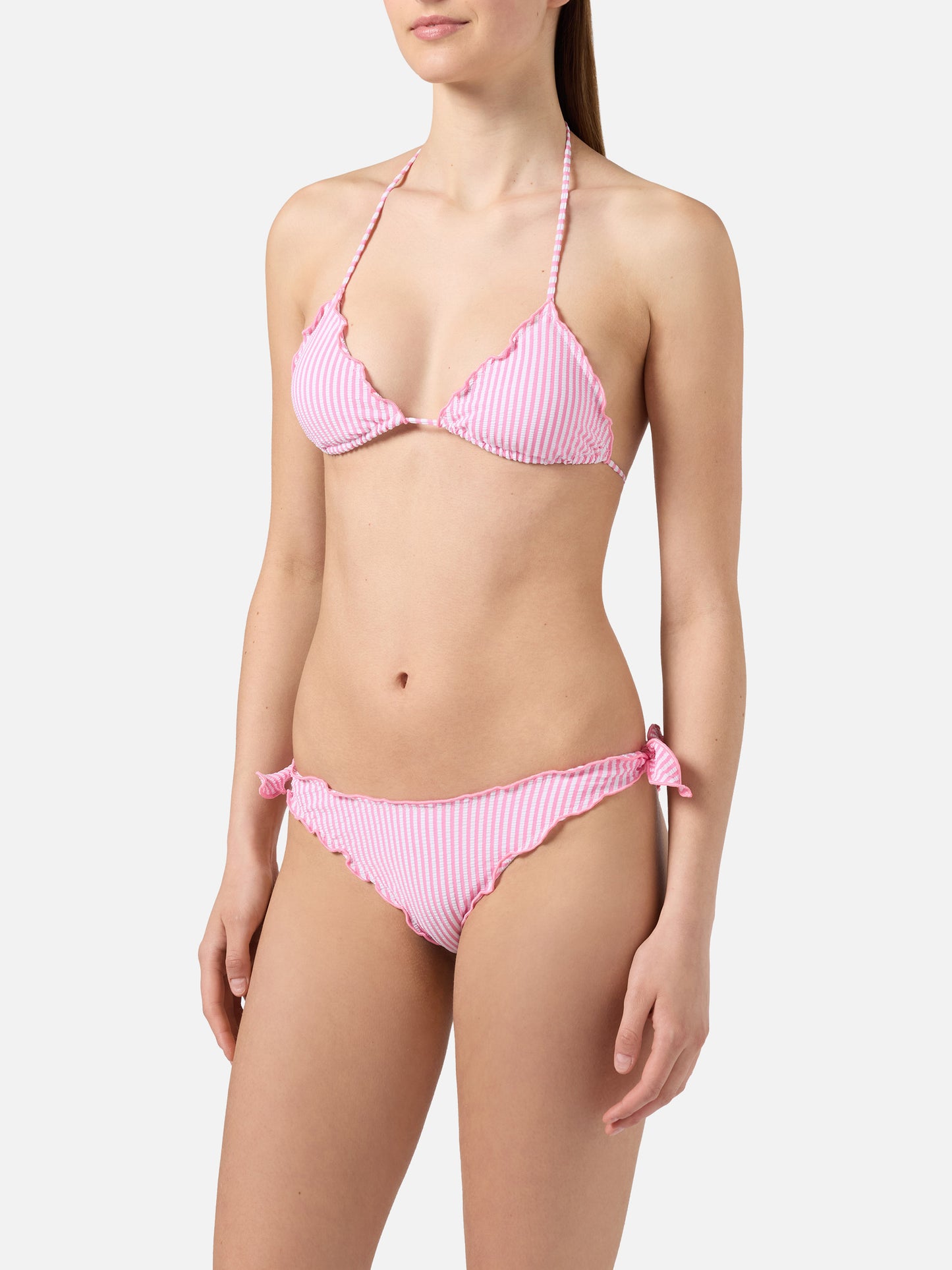 Bikini Sarius triangle in white and pink striped seersucker
