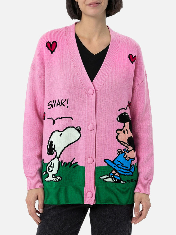 Sasi cashmere-blend cardigan in pink with Snoopy jacquard | PEANUTS SPECIAL EDITION