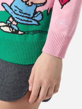 Sasi Strickjacke aus Kaschmir-Mischgewebe in Rosa mit Snoopy-Jacquardmuster | PEANUTS SONDEREDITION
