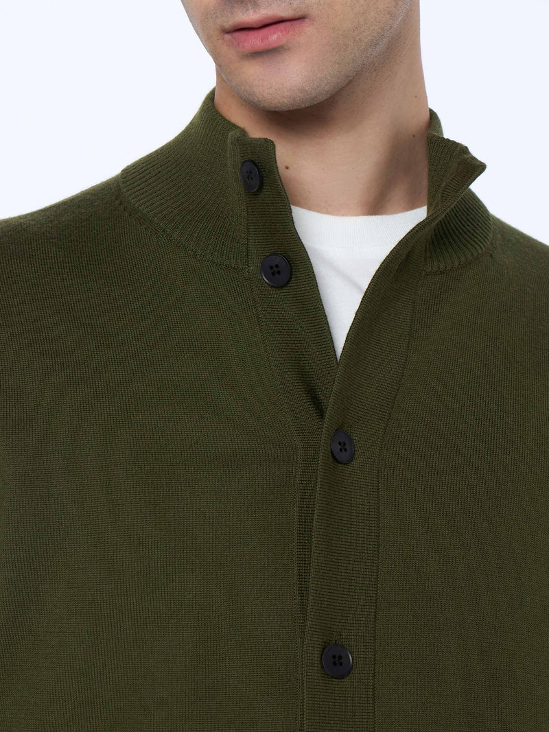 Cardigan da uomo verde militare Savile in lana merino